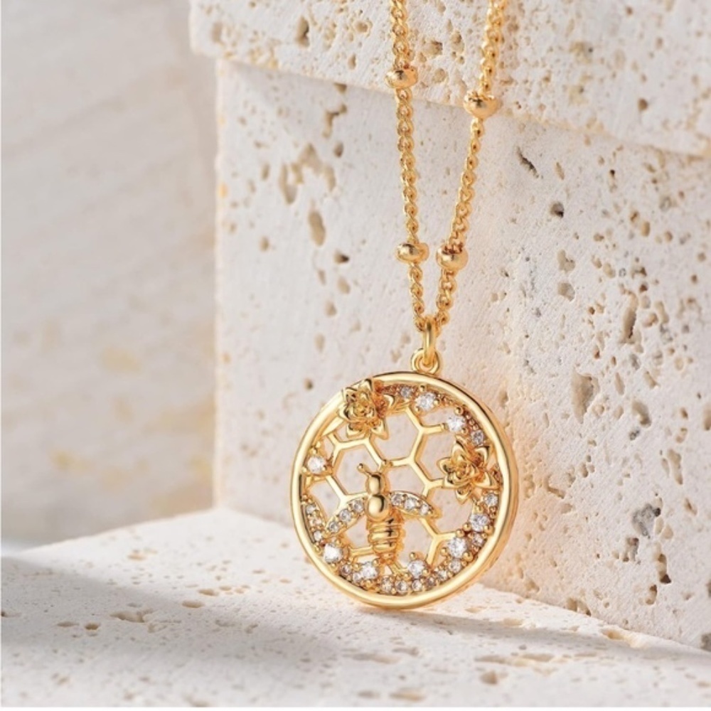 Gold 14k Gold Plated Honey Comb Bee Pendant Necklace